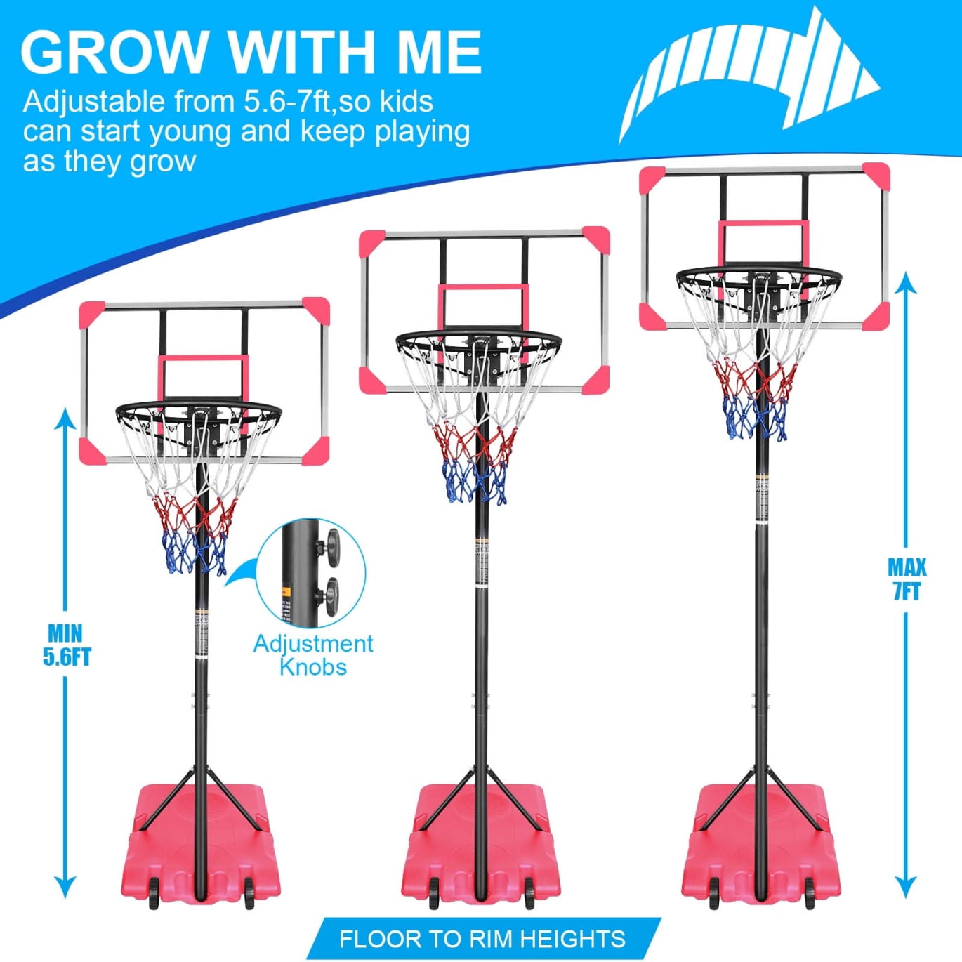 Portable Basketball Hoop with Heavy-Duty Steel Base & Wheels, Adjustable 5.6-7Ft Rim, 28" Shatterproof Backboard for Teens & Adults - Indoor/Outdoor Use, Pink