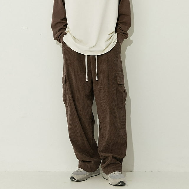 Puntoco Pantalones cargo con bolsillos y cintura elástica informales de estilo vintage para hombre