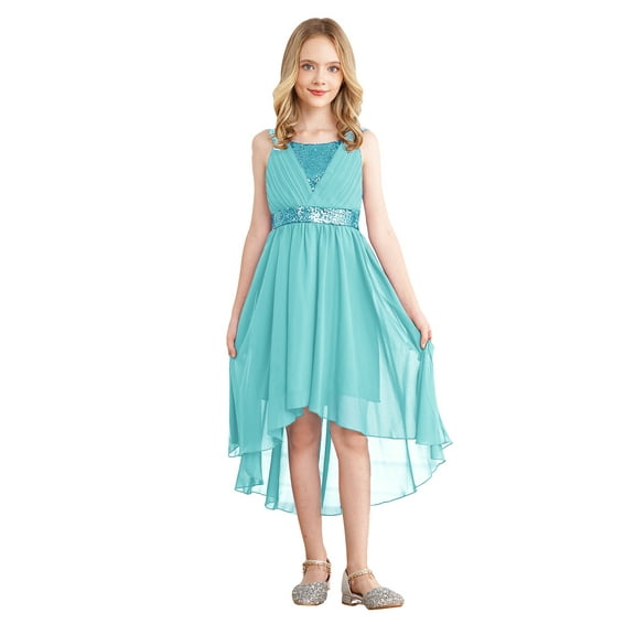 Haitryli Kids Sequins Pleated Birthday Party Prom Gown High-low Hem Flower Girls Dress Turquoise 16