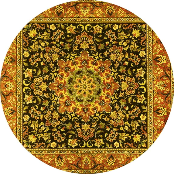 Ahgly Company Machine Washable Indoor Round Medallion Yellow Traditional Area Rugs, 3' Round