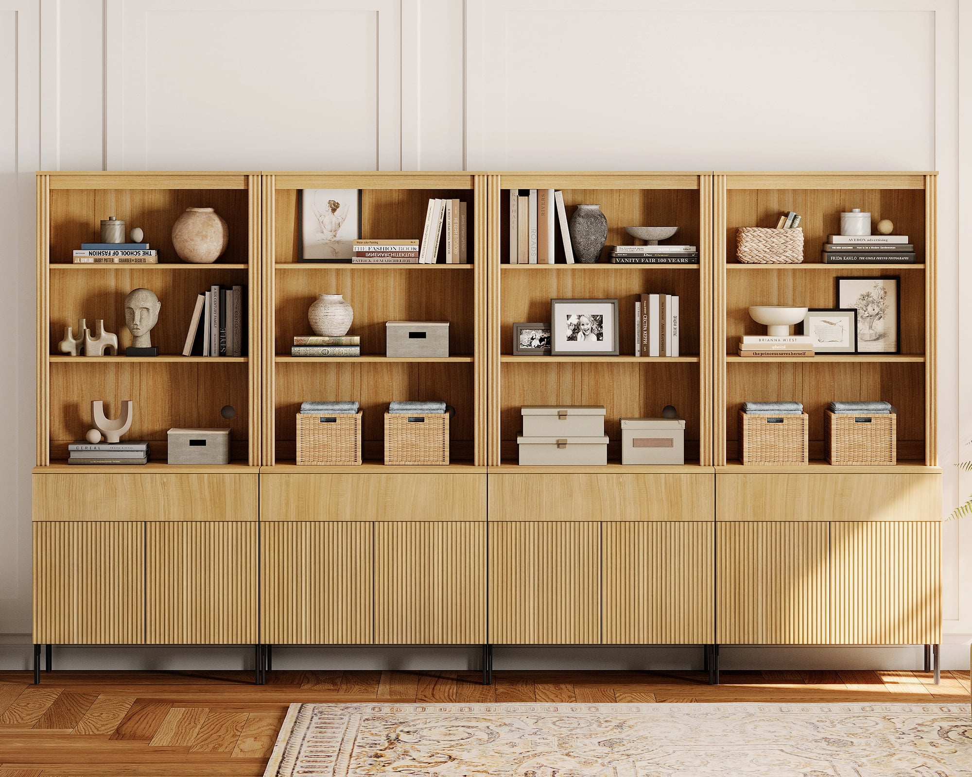 71.6"H X 126"W Set Of 4 Bookcase with Storage Cabinets, 20 Tier Bookshelf with Fluted Doors and Drawers, Large Modern Display Cabinet For Living Room Bedroom Home Office Kitchen