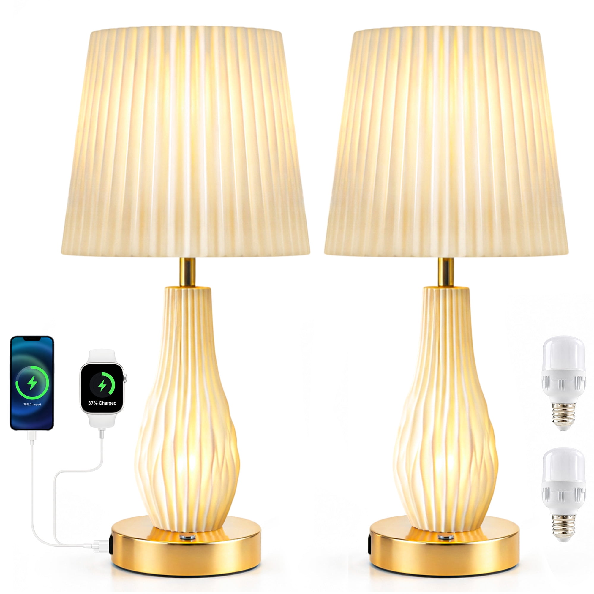 HadinEEon 18.5" Table Lamp Set of 2, Beside Lamp with USB A&C Ports and Night Light, Touch Control 3 Way Dimmable, for Living Room Bedroom Office