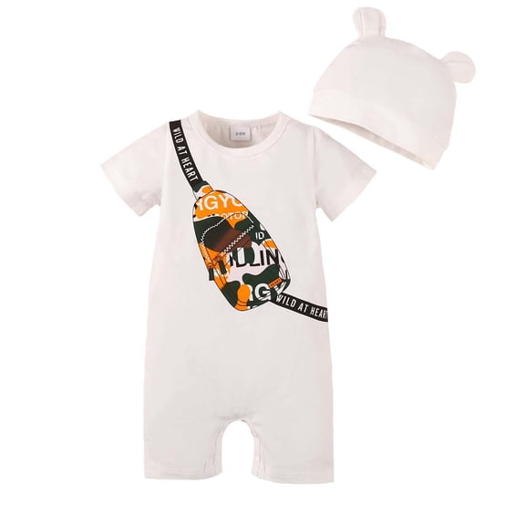 Kucnuzki Newborn Baby Boy Clothes 9 Months Summer Jumpsuit Bodysuit 12 Months Short Sleeve Solid Color Bag Prints Onesie Jumpsuit Bodysuit Hat 2PCS Set White