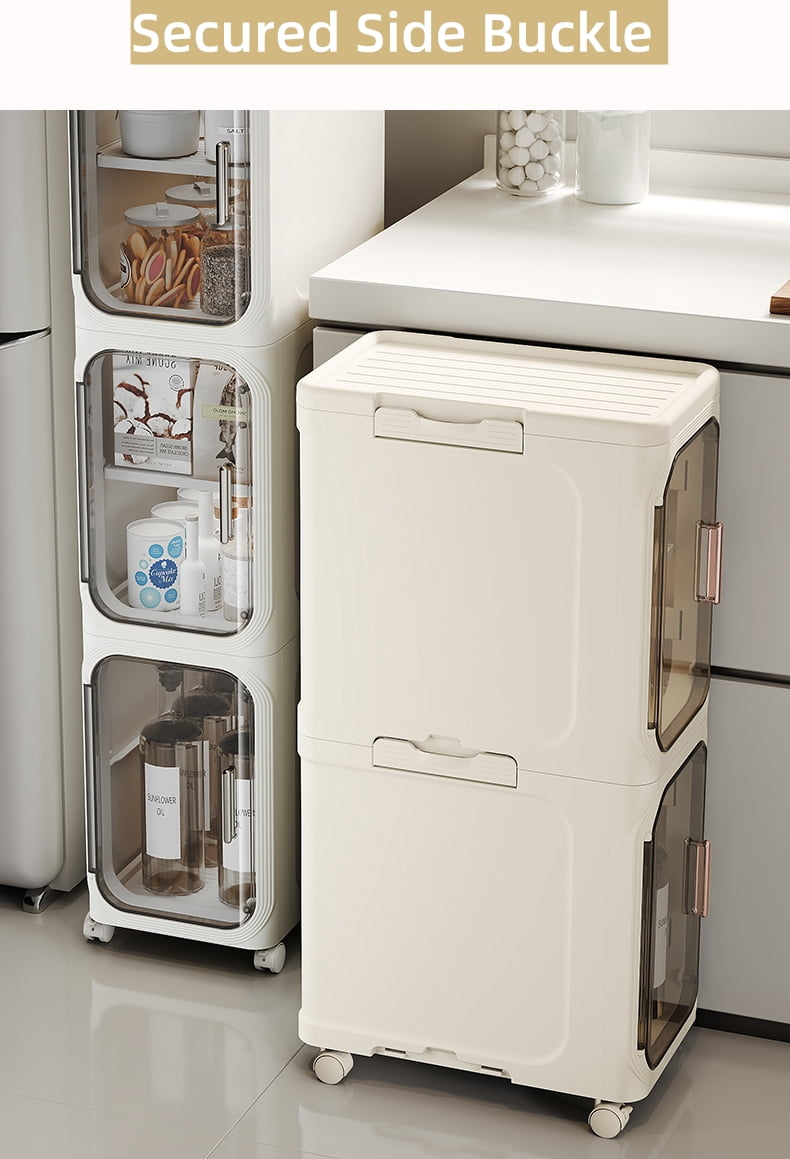 4-Tier Bathroom Storage Cabinet with Wheels, Magnetic Doors, Plastic Slim Bathroom Organizers and Storage for Small Spaces, Kitchen, Cream White