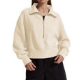 thumbnail image 3 of XFLWAM Women's Casual Half Zip Sweatshirts Long Sleeve Solid Color Cropped Pullover Jackets Fall Solid Color Coats Beige S, 3 of 8