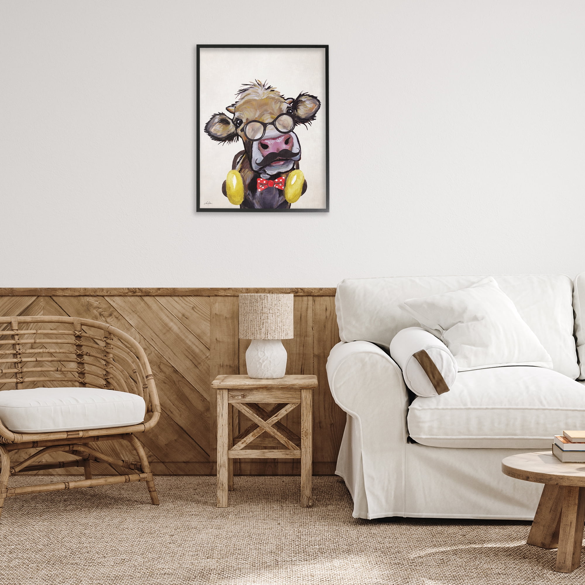 Stupell Industries Hipster Cow & Headphones Animals & Insects Painting Black Framed Art Print Wall Art, 24 x 30