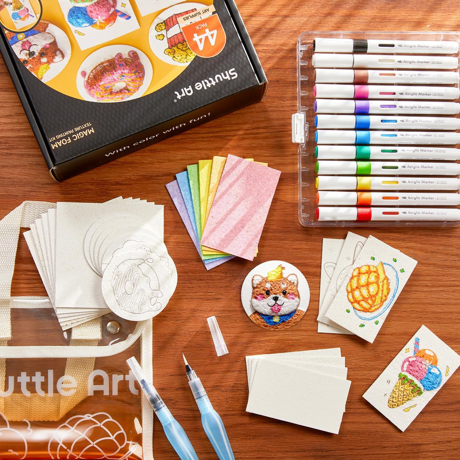 Shuttle Art 44 Pcs Magic Form Texture Painting Kit, Including 28 Pcs Foam Texture Paper, 12 Colors Brush Tip Acrylic Paint Markers, Magical 3D Effect Texture Painting Kit
