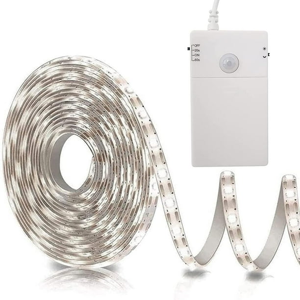 Tira de luces LED con sensor de movimiento a batería, 2 m, 60 luces LED, sensor de movimiento a batería para armarios, escaleras, cocina, cama (blanco)