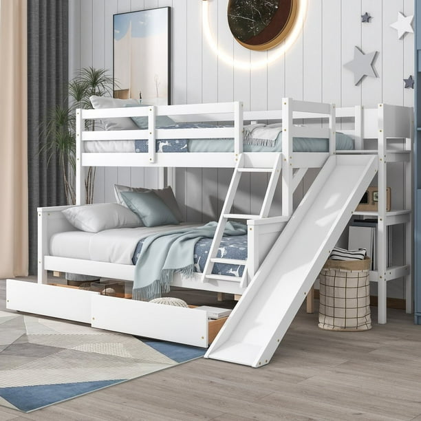 Hassch Modern Detachable Bunk Bed with Slide, Twin over Full Size Bunk
