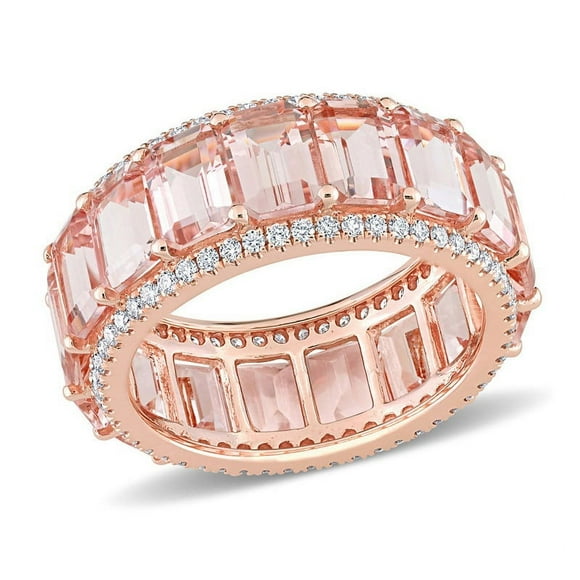 9.35 Carat (ctw) Emerald-Cut Morganite Band Ring in 14K Rose Pink Gold with Diamonds