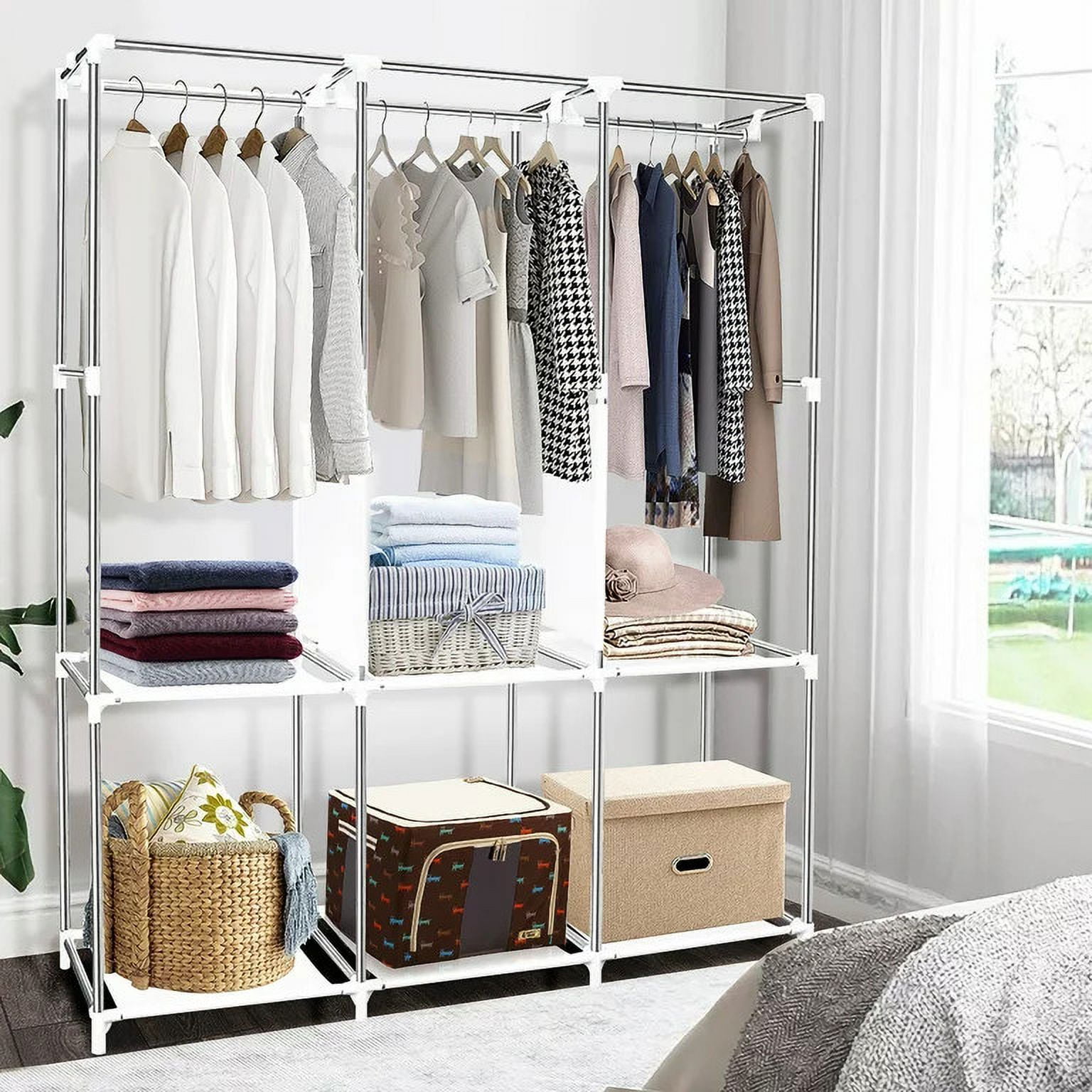 YQSDG 3-Shelf Portable Wardrobe Closet Organizer with Hanging Space, Grey