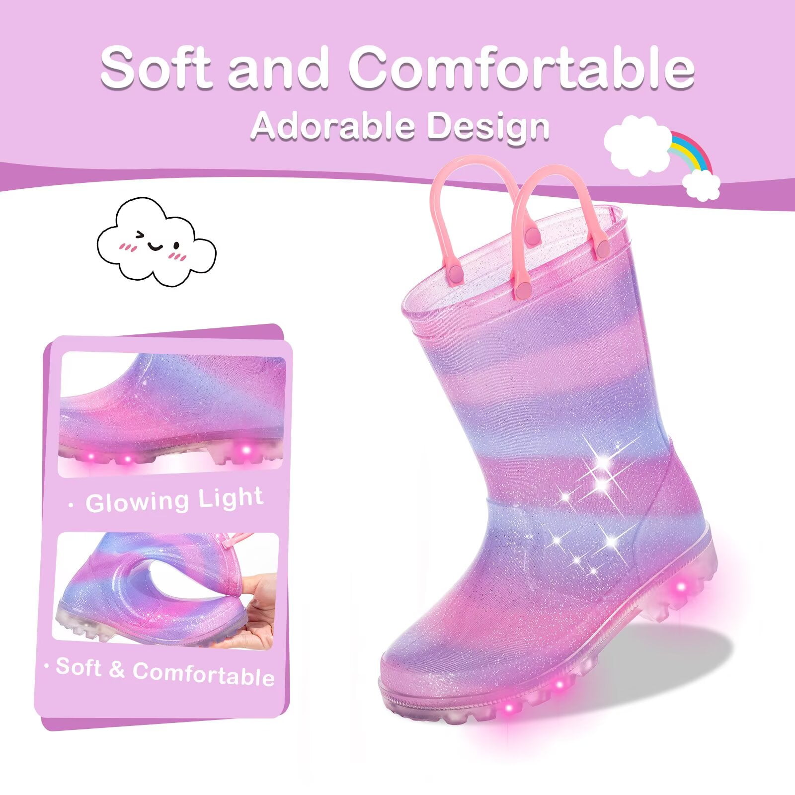 Toddler Kids Rain Boots Girls Light Up Waterproof Boots with Handles, Pinkish Purple, Size 11