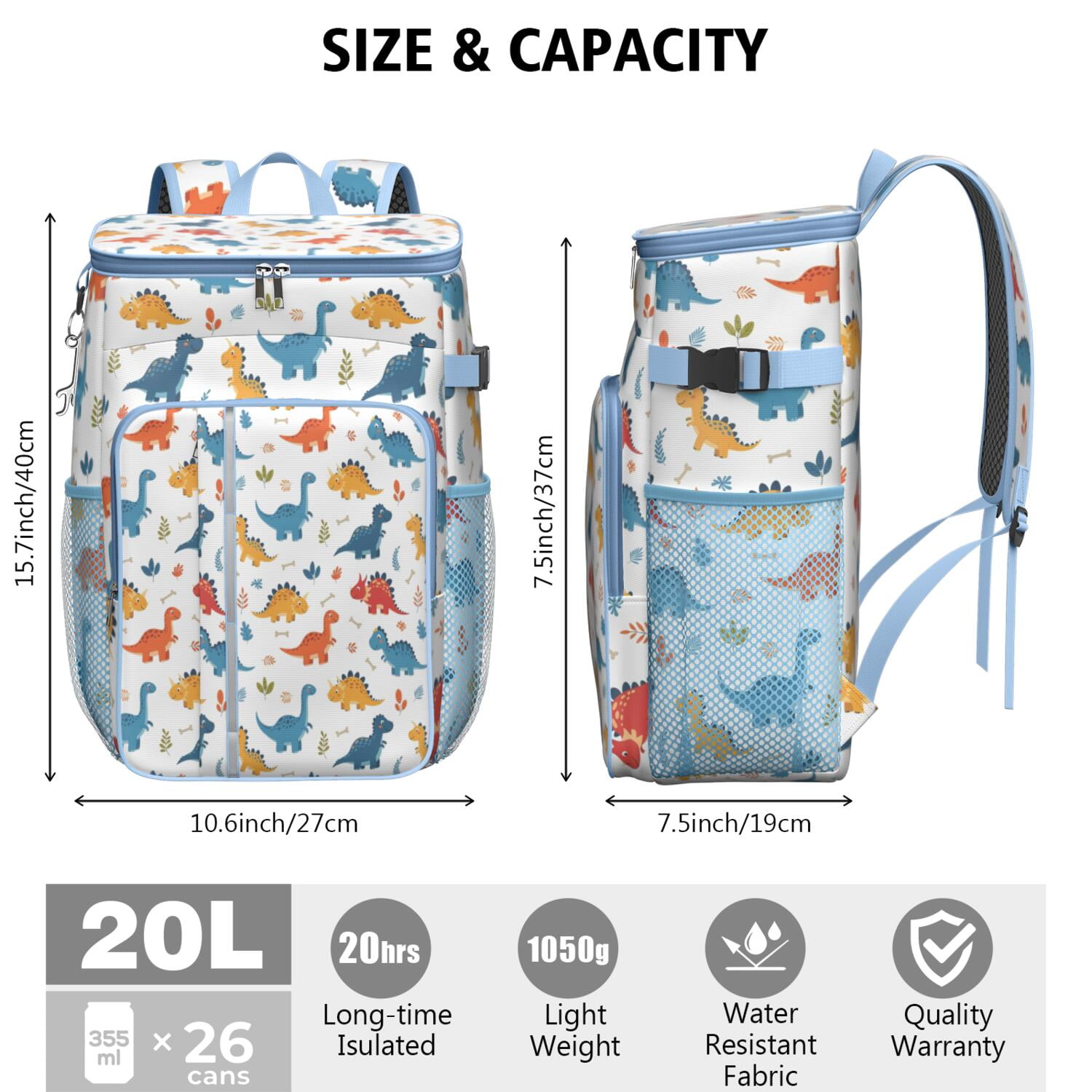Travel Cooler Bag - White Cartoon Dinosaurs Bones Pattern Camping Beer Cooler Backpack with Bottle Opener- Waterproof Insulated Picnic Backpacks - Cooler Bag for Beach