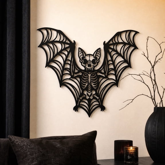 QLUEWX Halloween Gothic Bat Skeleton Wall Decor, Black Hollow‑Cut Art Wall Hanging Ornament, Spooky Halloween Home Wall Sign,11.8 x 6.93 Inch