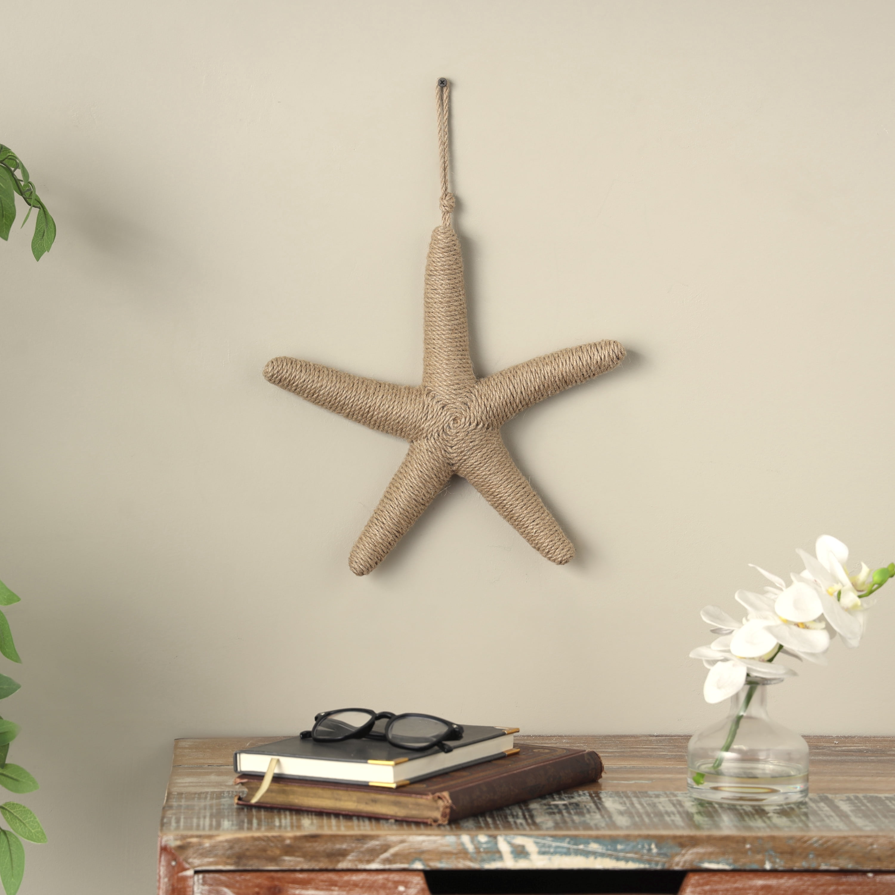 DecMode Light Brown Jute Handmade Wrapped Starfish Wall Decor with Hanging Rope