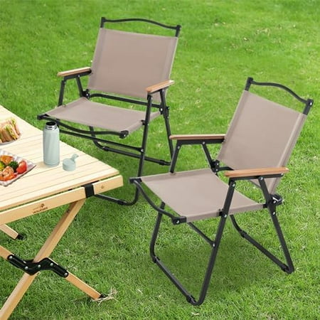 ALISH Camping Chairs Portable Lawn Chairs Lightweight Outdoor Chairs with Wooden Handle for Travel Camping Lawn Hiking (Khaki Set of 2)_