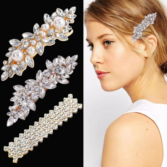 3PCS Rhinestone Hair Clips Flower Hair Barrettes Crystal Pearl French Hairpins Hair Clip Wedding Accessories for Women Girls Bridal Hair Accessories (Silver)