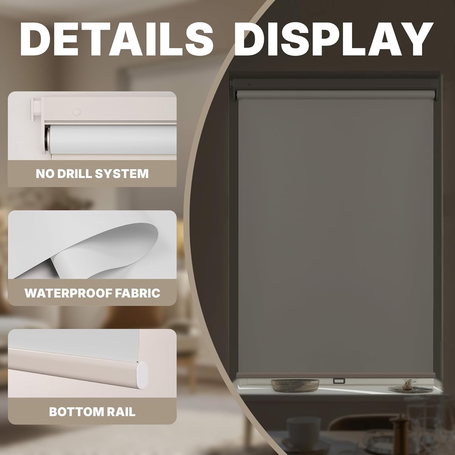No Drill Cordless Blackout Roller Shades Screwless Waterproof Shower Window Blinds, Auto-Retraction Easy Install Blind for Bathroom/Kitchen/Office/Exterior, White, 34.5" W x 72" H