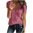 thumbnail image 2 of WREESH Solid Color V-Neck Waffle Knit Top Women's Comfortable Loose Summer T-Shirt Blouse Wine, 2 of 5