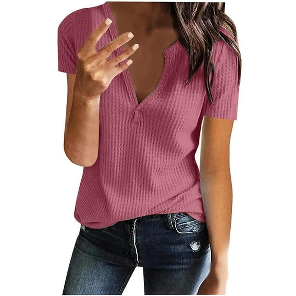 Vivianyo HD Women Top Clothes Plus Size Women's Fashion Solid Color V-neck Comfortable Loose T-shirt Short Sleeve Blouse Casual Tops Flash Picks Wine