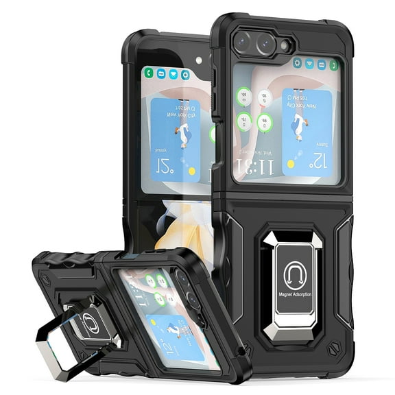 TJS for Samsung Galaxy Z Flip 5 Phone Case, [Military Grade] Heavy Duty Magnetic Support Ring Kickstand Cover for Samsung Z Flip 5 (Black)