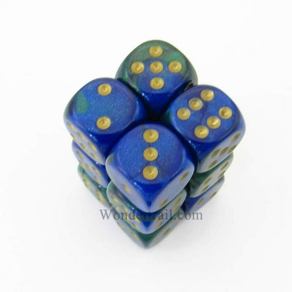 Blue and Green Gemini Dice with Gold Pips D6 16mm (5/8in) Pack of 12 Chessex