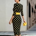 thumbnail image 4 of ClodeEU Women's Polka Dot Round Neck 3/4 Sleeve Self Belt Waist Bodycon Midi Pencil Dress,Vintage Elegant Cocktail Party Dress Yellow,Women's Plus L, 4 of 6