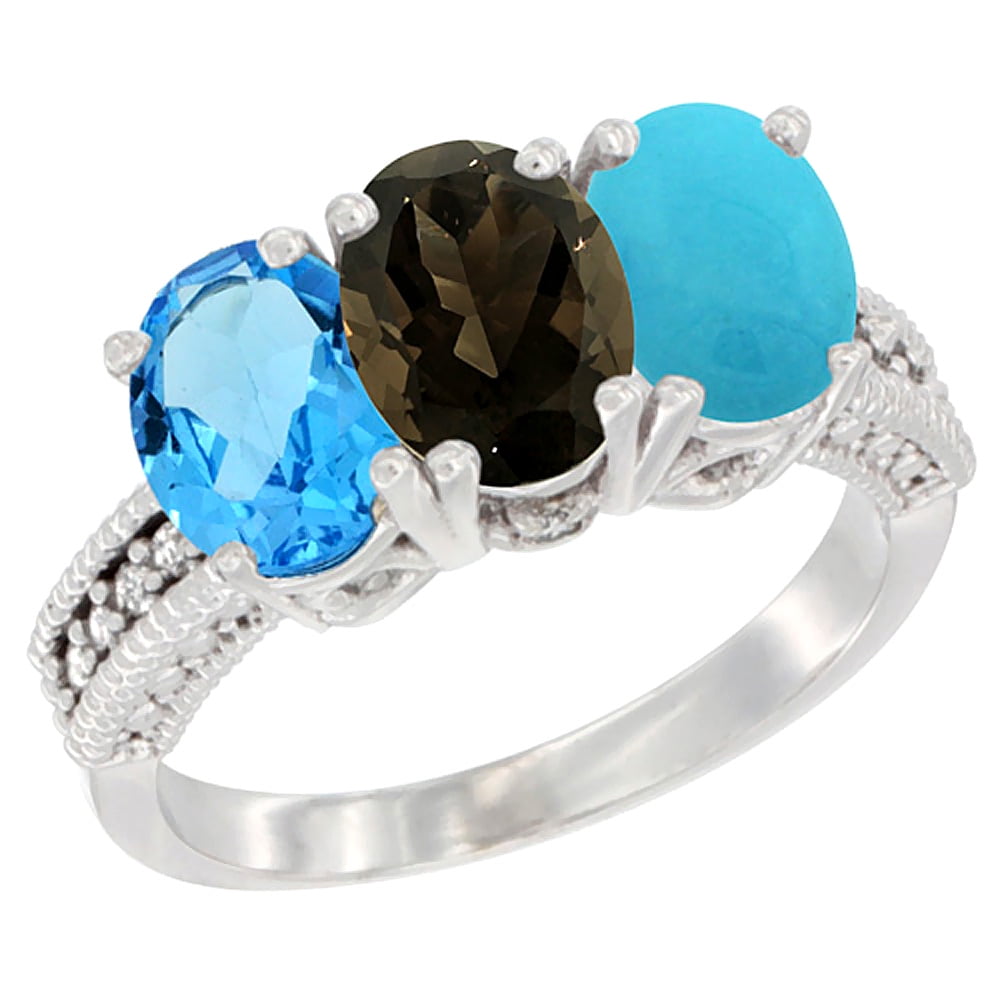 14K White Gold Natural Swiss Blue Topaz, Smoky Topaz & Turquoise Ring 3-Stone 7x5 mm Oval Diamond Accent, sizes 5 10 by WorldJewels