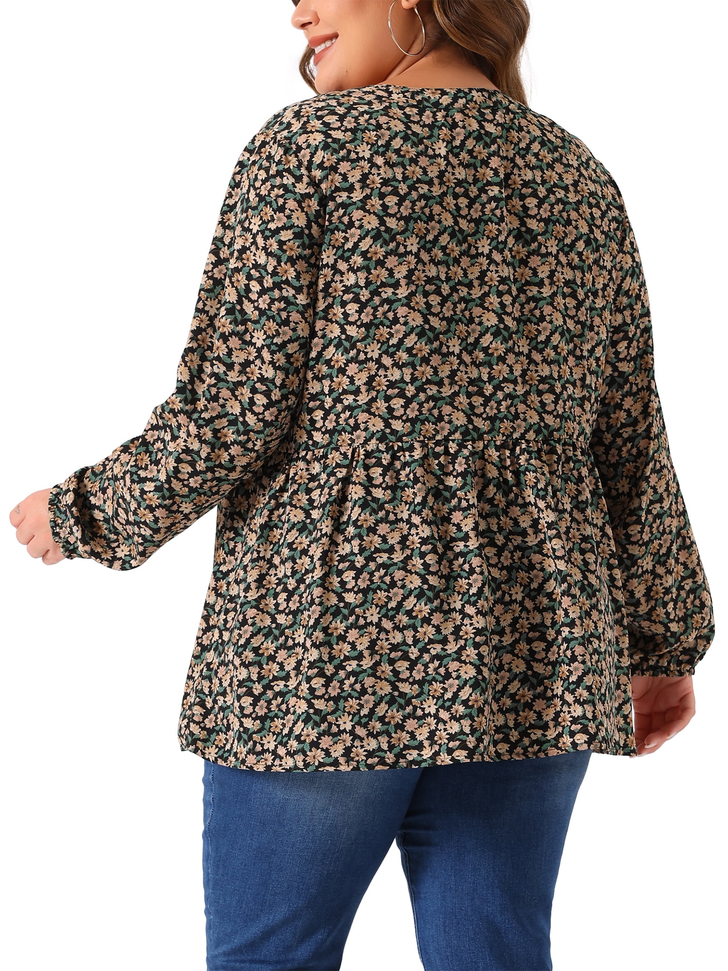 DARING DIVA Women's Plus V Neck Floral Long Sleeves Blouse 1X Black Beige