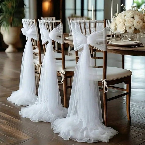 White Tulle Chair Sashes 10pcs - Sheer Wedding Chair Decor Bow Drapes for Reception & Bridal Shower
