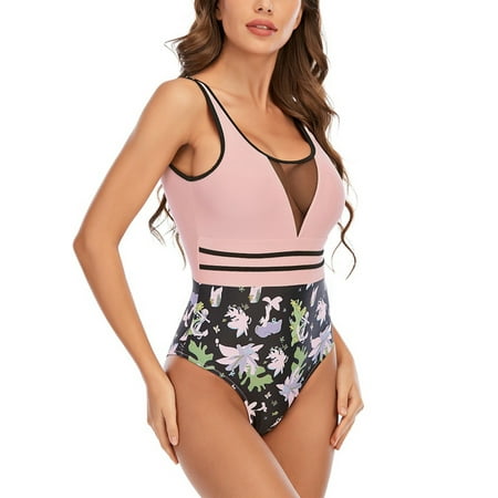 Sexy Dance Womens One Piece Swimsuits Swimwear Front Mesh Floral Monokinis Tummy Control Strappy Bikini Push Up Padded Bathing Suits Swimming Costume Pink Color XS S M L
