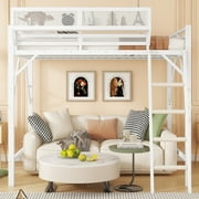 Queen Size Loft Bed with Storage, Metal Loft Beds with Upper Shelf, High Loft Bed Frame with Ladder, Lofted Queen Bed for Teens, White Loft Bed