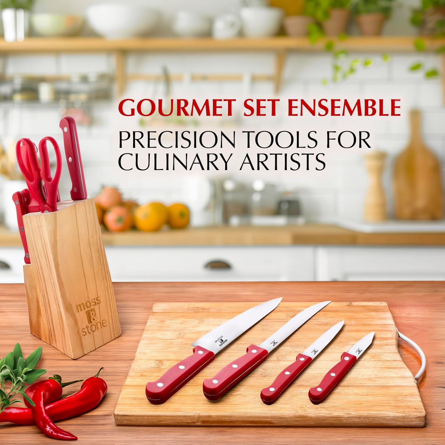 Moss & Stone 14-piece Red Knife Block Set, Stainless Steel Knife Set Premium Kitchen knives Set With High-Carbon Stainless Steel Blades, And Wooden Block Set Cutlery Knife Set, Kitchen Knife Set