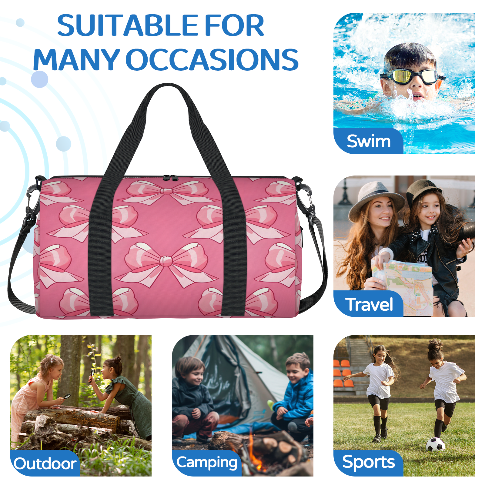 Herdesigns Pink Gym Bag for Women, Duffle Bag for Travel Sport, Bow Lightweight Waterproof Carry on Weekender Dance Yoga Workout Bags