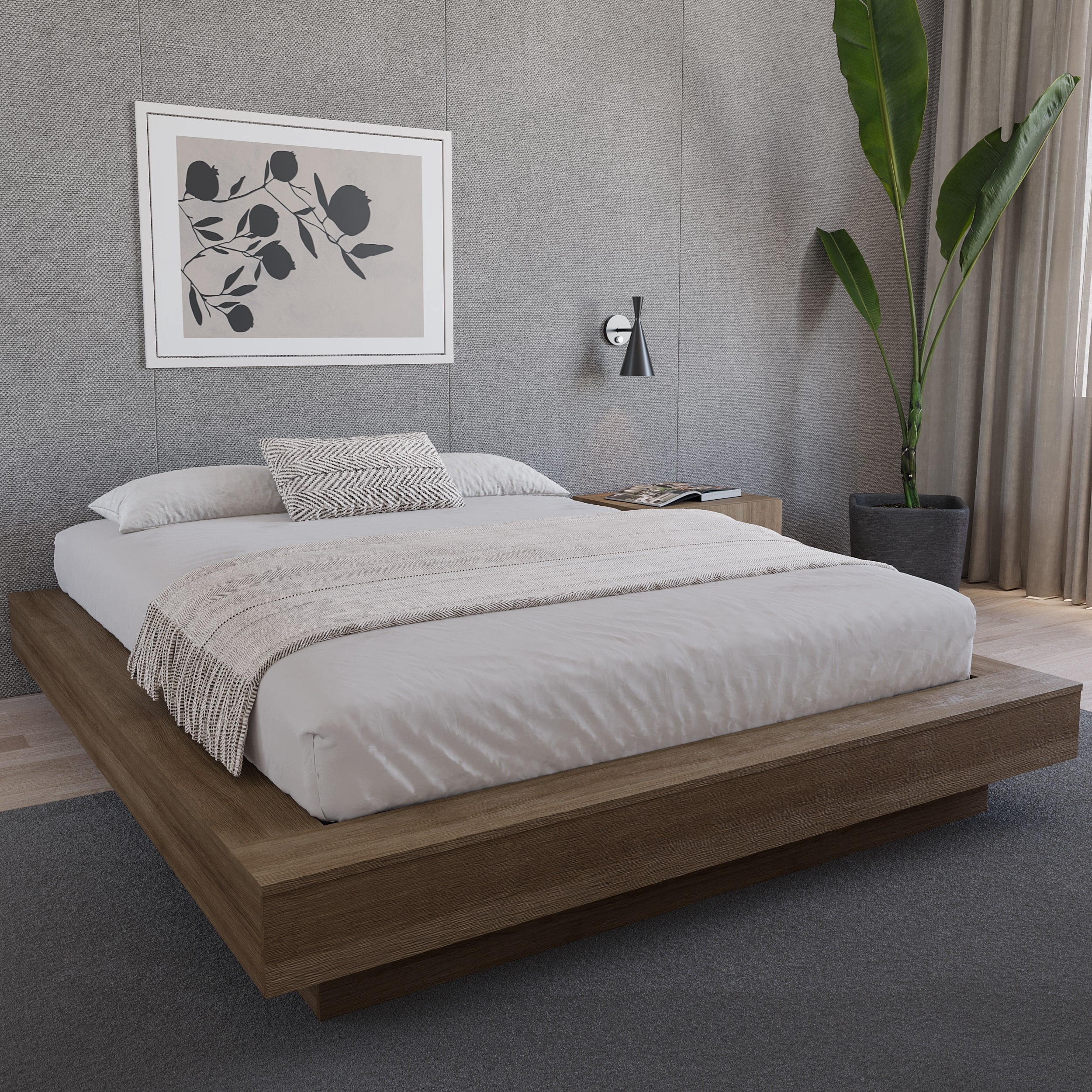 Nexera Marconi Queen Size Platform Wood Bed Frame, Brown Oak