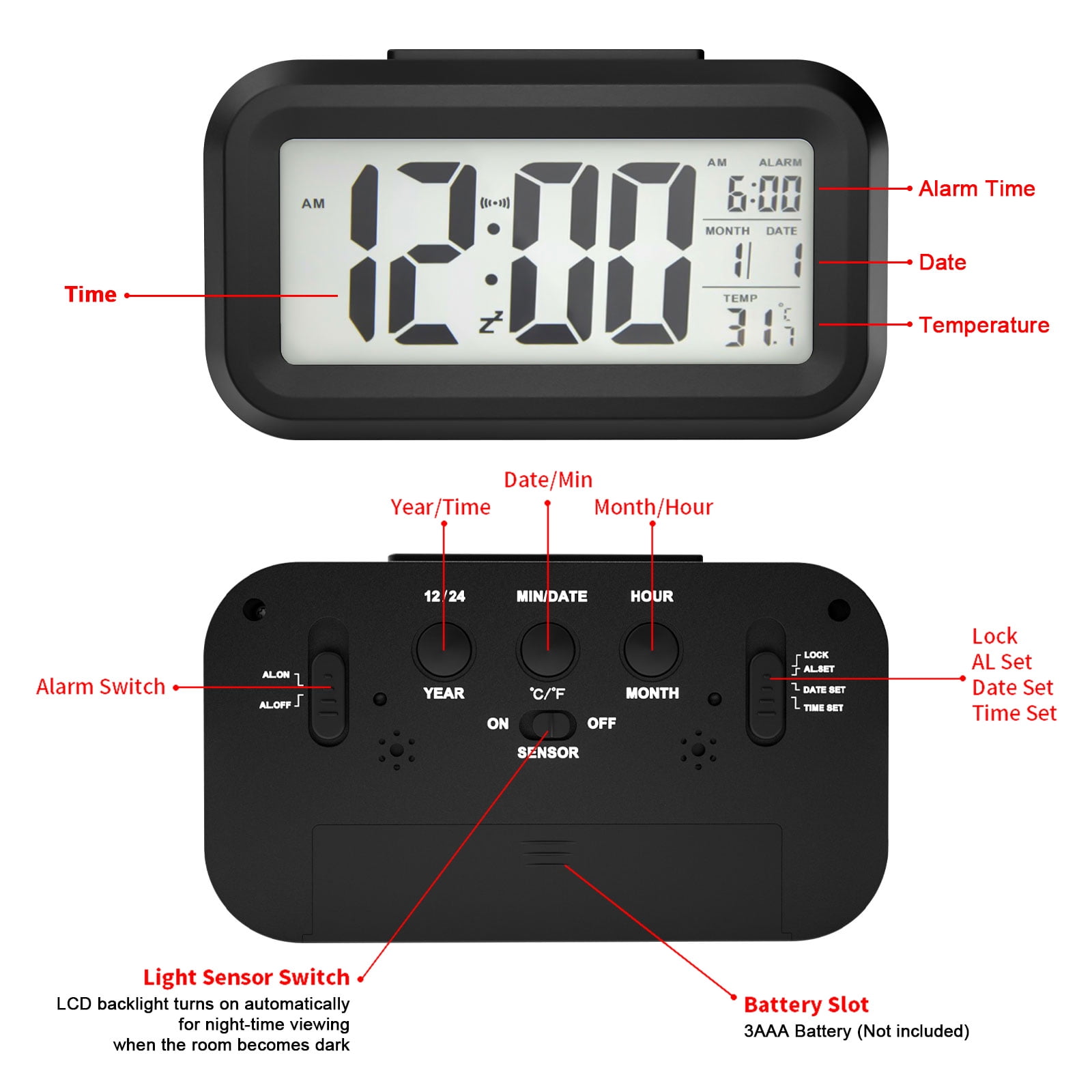 BALDR B0326 Digital Smart Alarm Clock LCD IndoorTemperature Snooze Calendar 