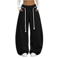 thumbnail image 3 of Women's Baggy Drawstring Sweatpants with Pockets,Elastic High Waist Wide Leg,Solid Color Casual Loose Pants for Back to School, 3 of 7