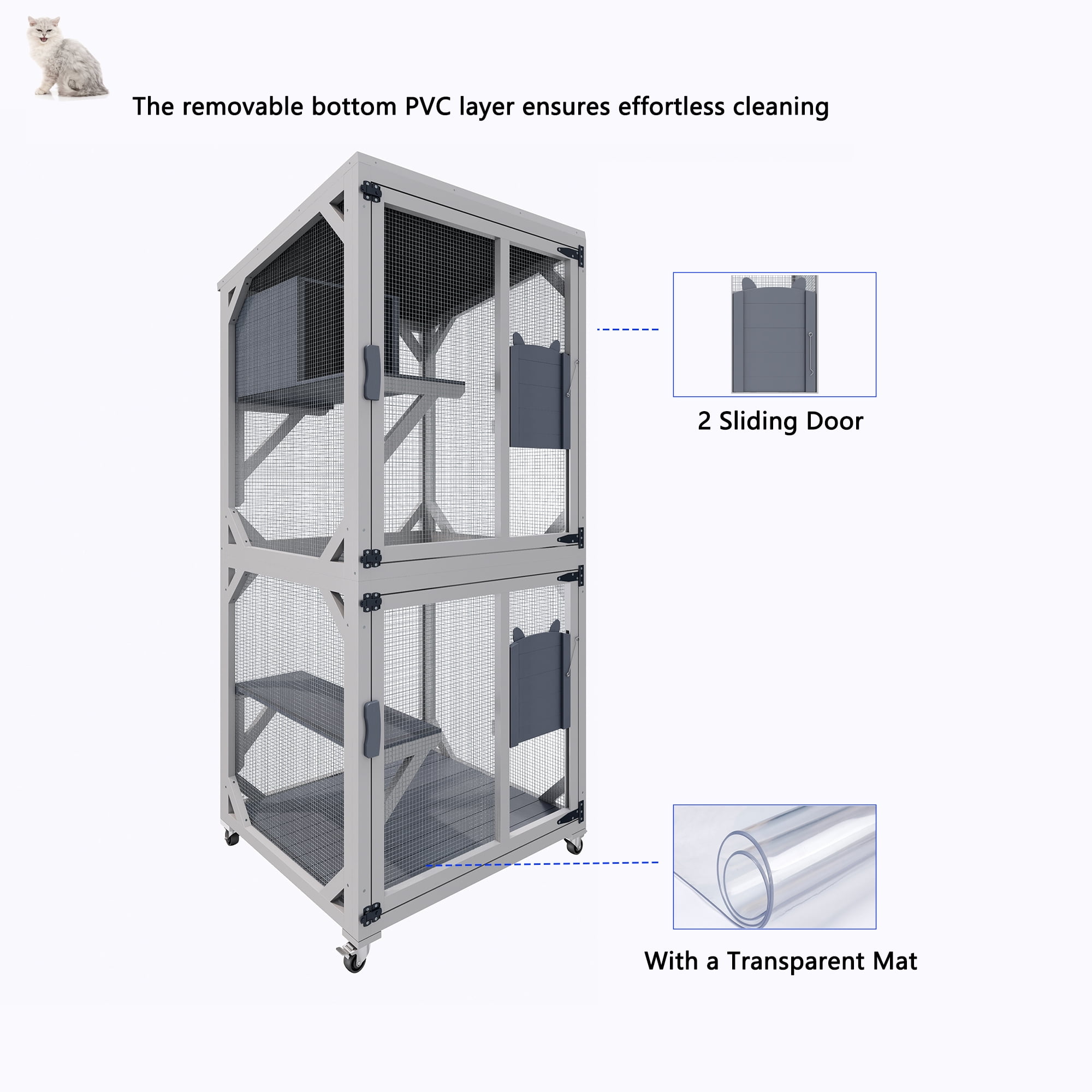 Outdoor Cat Enclosure Catio with Wheels, 71.2" Large Wooden Cat Cage, Multi-Level Cat House with Platforms, Lockable Doors & Removable PVC Tray
