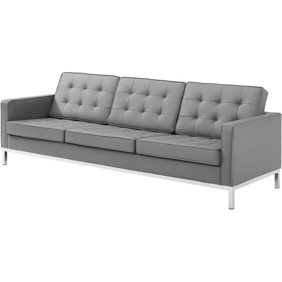 Contemporary Modern Urban Designer Living Room Lounge Club Lobby Sofa, Faux Vinyl Leather Metal Steel, Grey Gray Silver