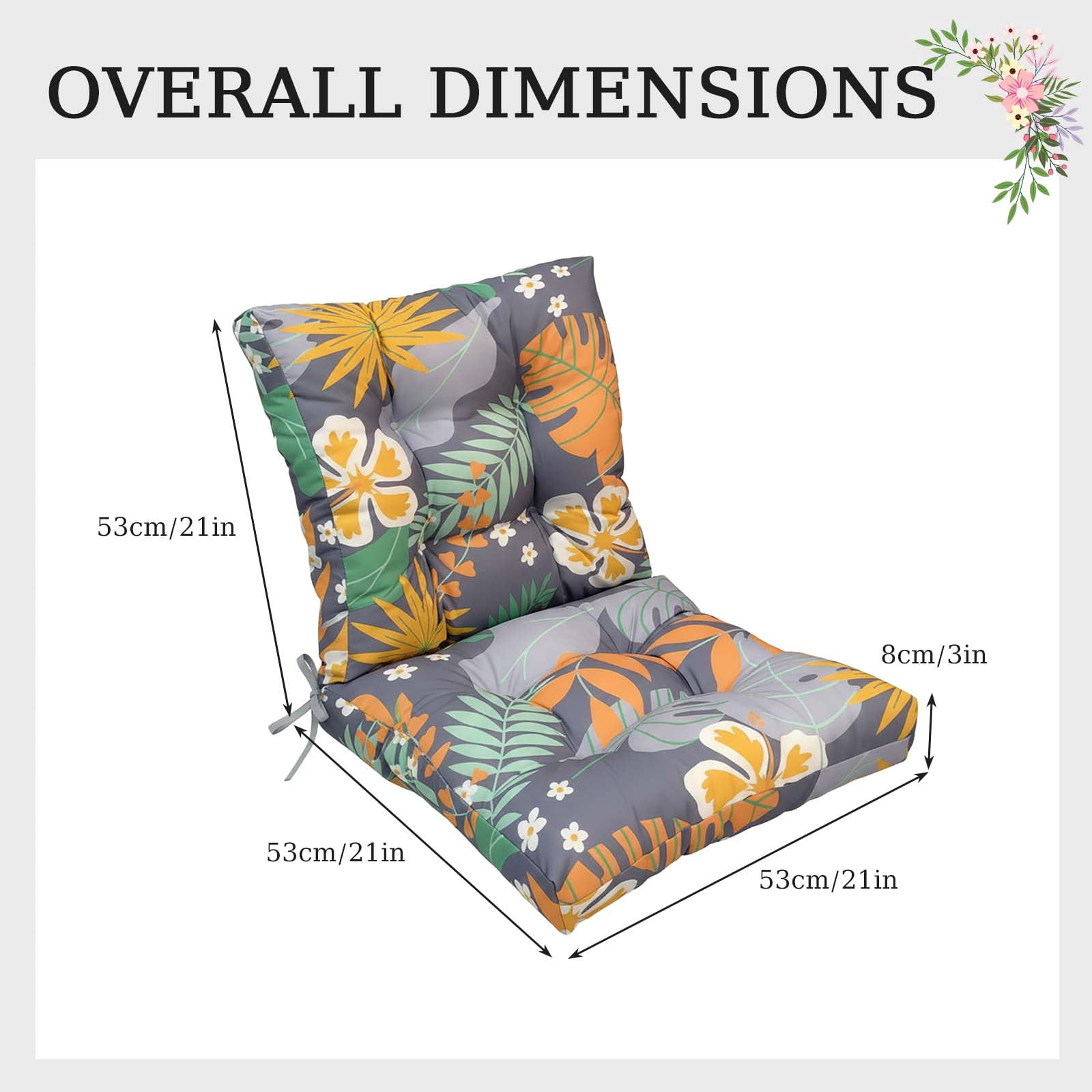 Eurhowing Waterproof Patio Rocking Chair Cushions 1-Piece, 3" Thick Outdoor Chair Cushion with Ties, Non-Slip Seat Pad for Garden Lawn Furniture, 1Pack, Floral