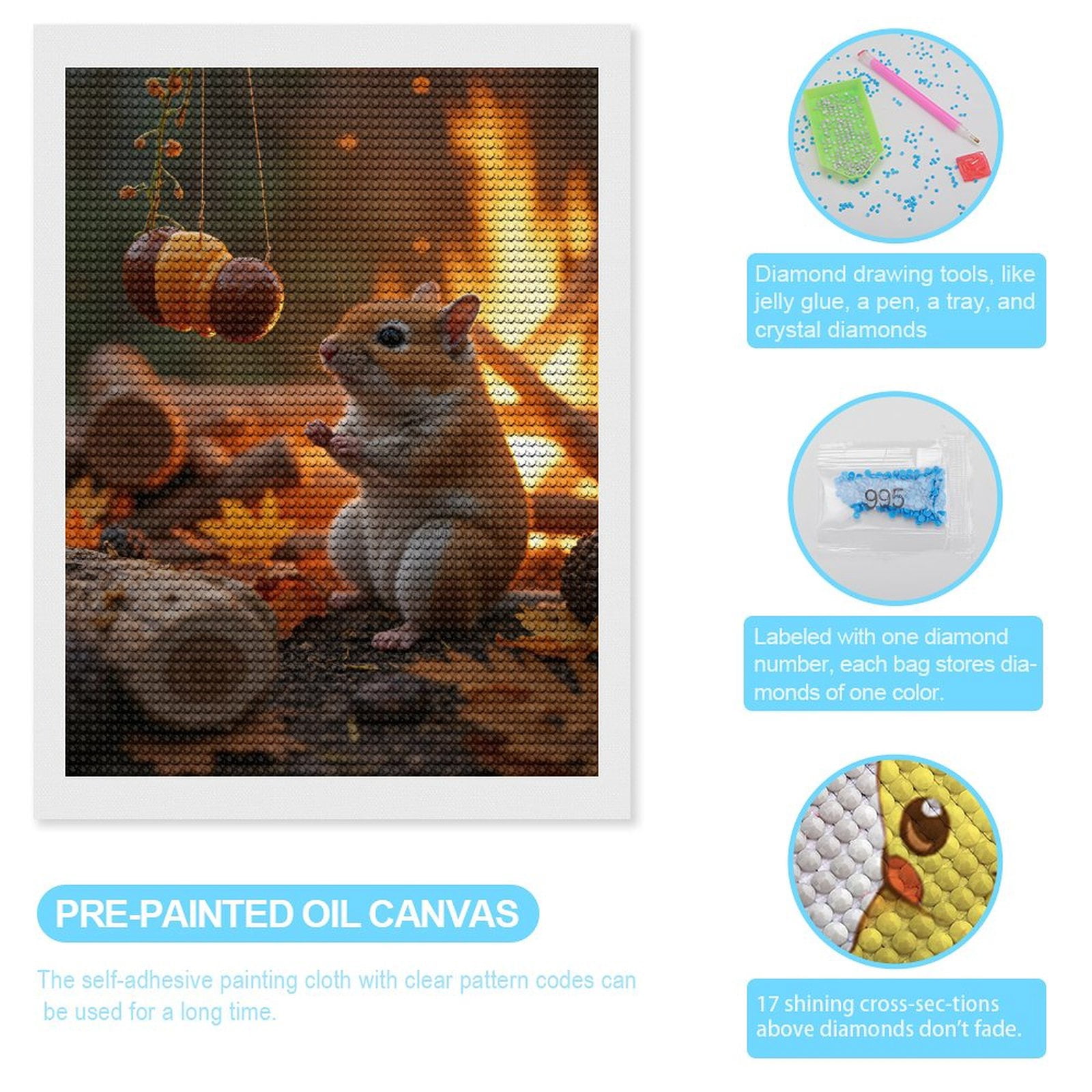 Diamond Art Kits for Adults, Small Animal Autumn Bonfire Scene 5D Diamond Painting Kits for Adults Beginners, DIY Full Drill Diamond Painting, Gem Art and Crafts 12x16
