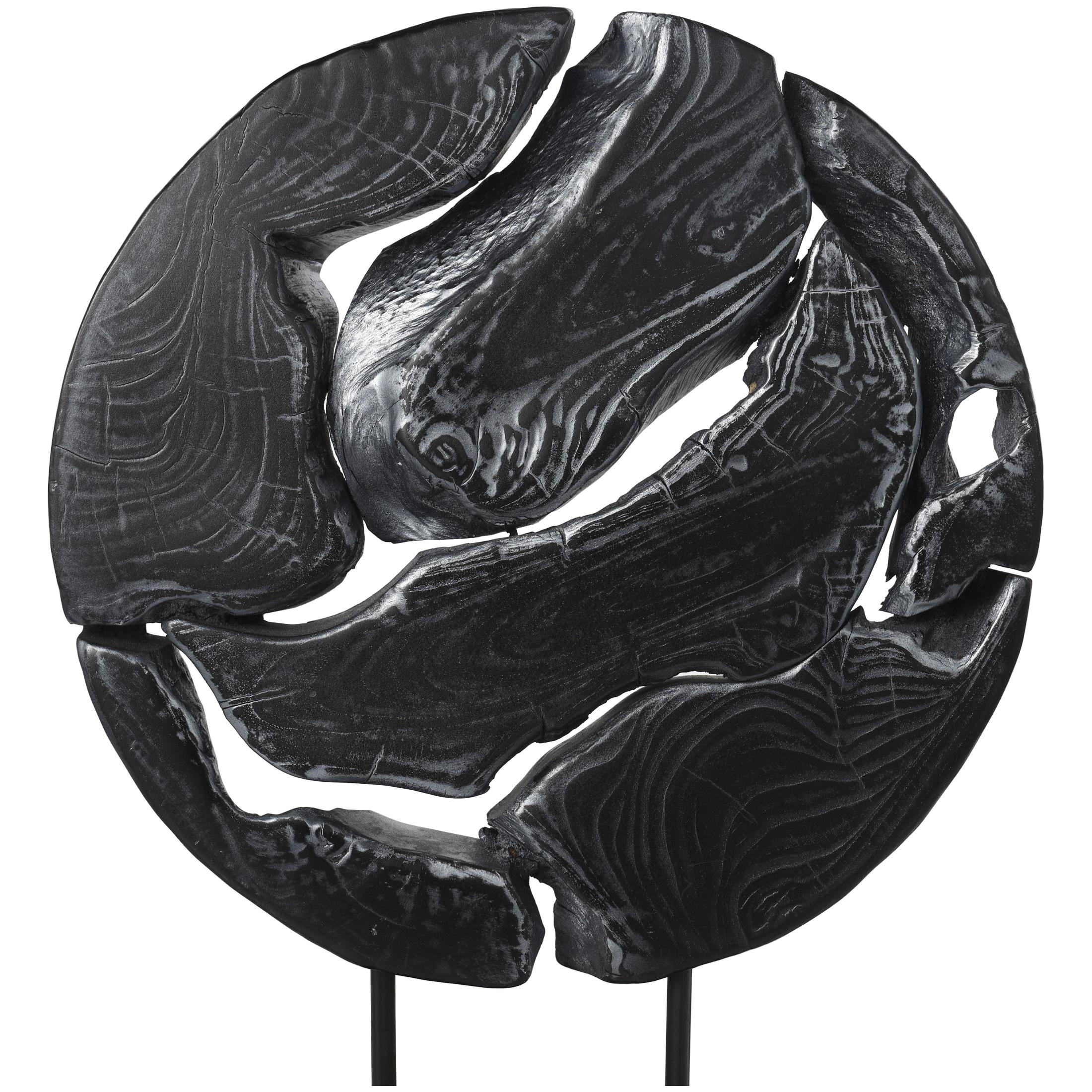 14" x 19" Black Teak Wood Circular Cutout Abstract Sculpture with Natural Wood Grain Patterns and Black Base, by DecMode