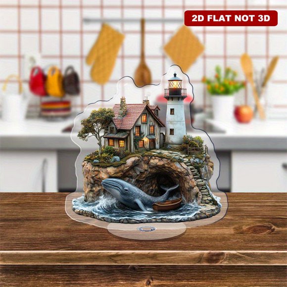 A rotating acrylic piece featuring a detailed lighthouse, house, and boat on an island, with a whale below and vibrant colors in a surreal setting