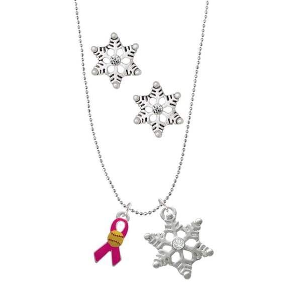 Delight Jewelry Silvertone Hot Pink Ribbon with Softball Silver tone Snowflake Charm Necklace and Stud Earrings