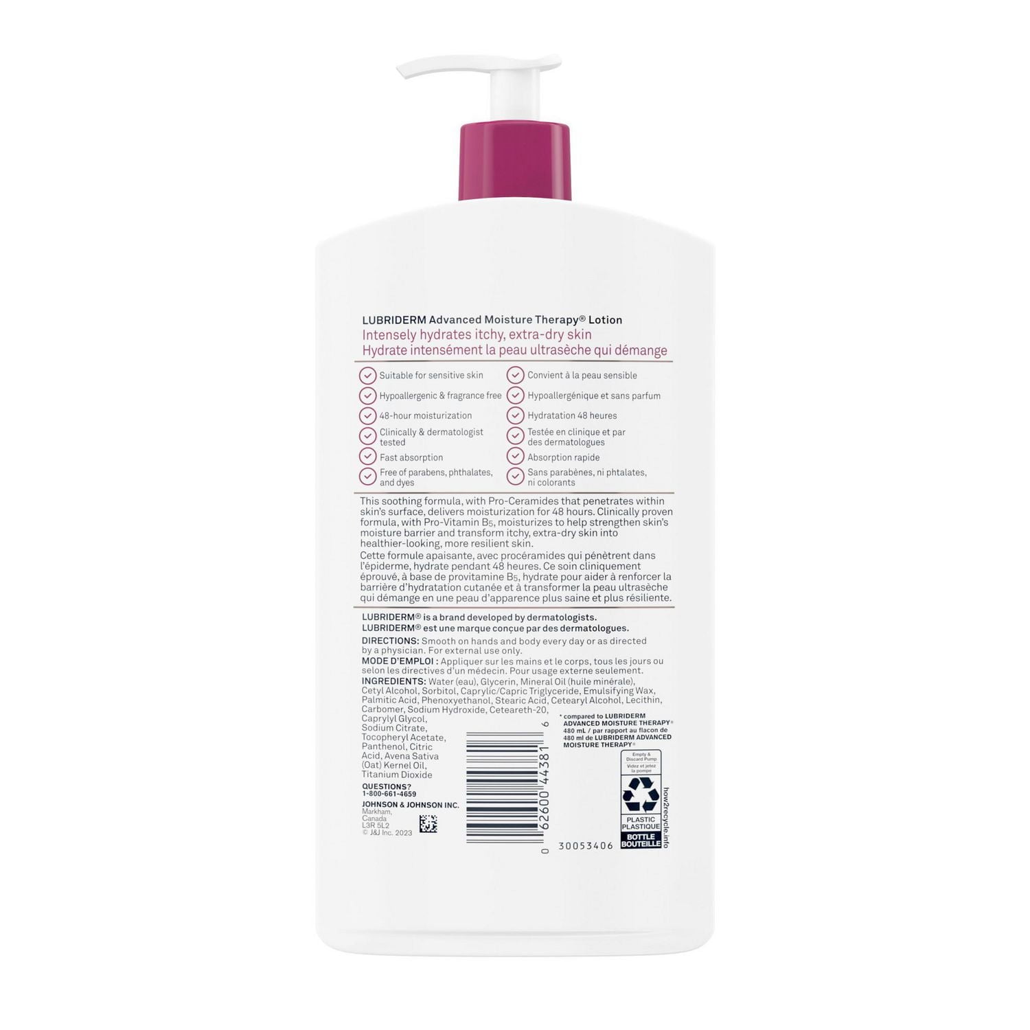 Lotion Lubriderm Advanced Moisture Therapy - Vitamine E, provitamine B5, procéramides, peau sèche, sans parfum