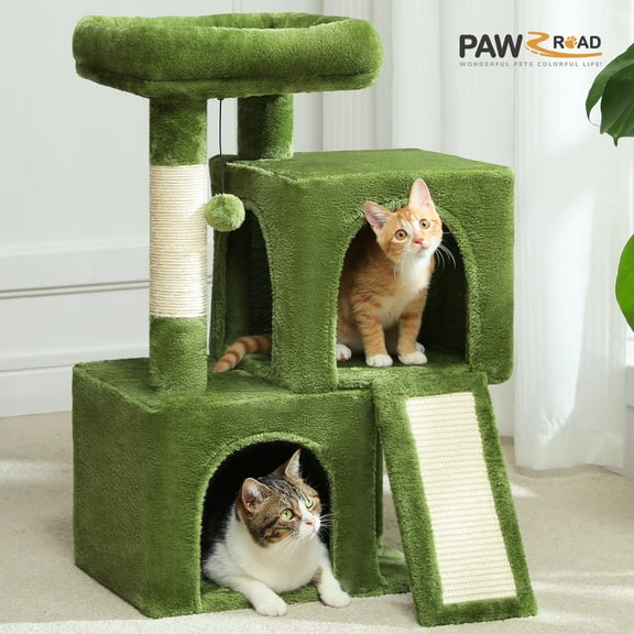 PAWZ Road 30" Cat Tree Condo with Sisal Scratcing Post Tower Ramp for Indoor Cats,Green