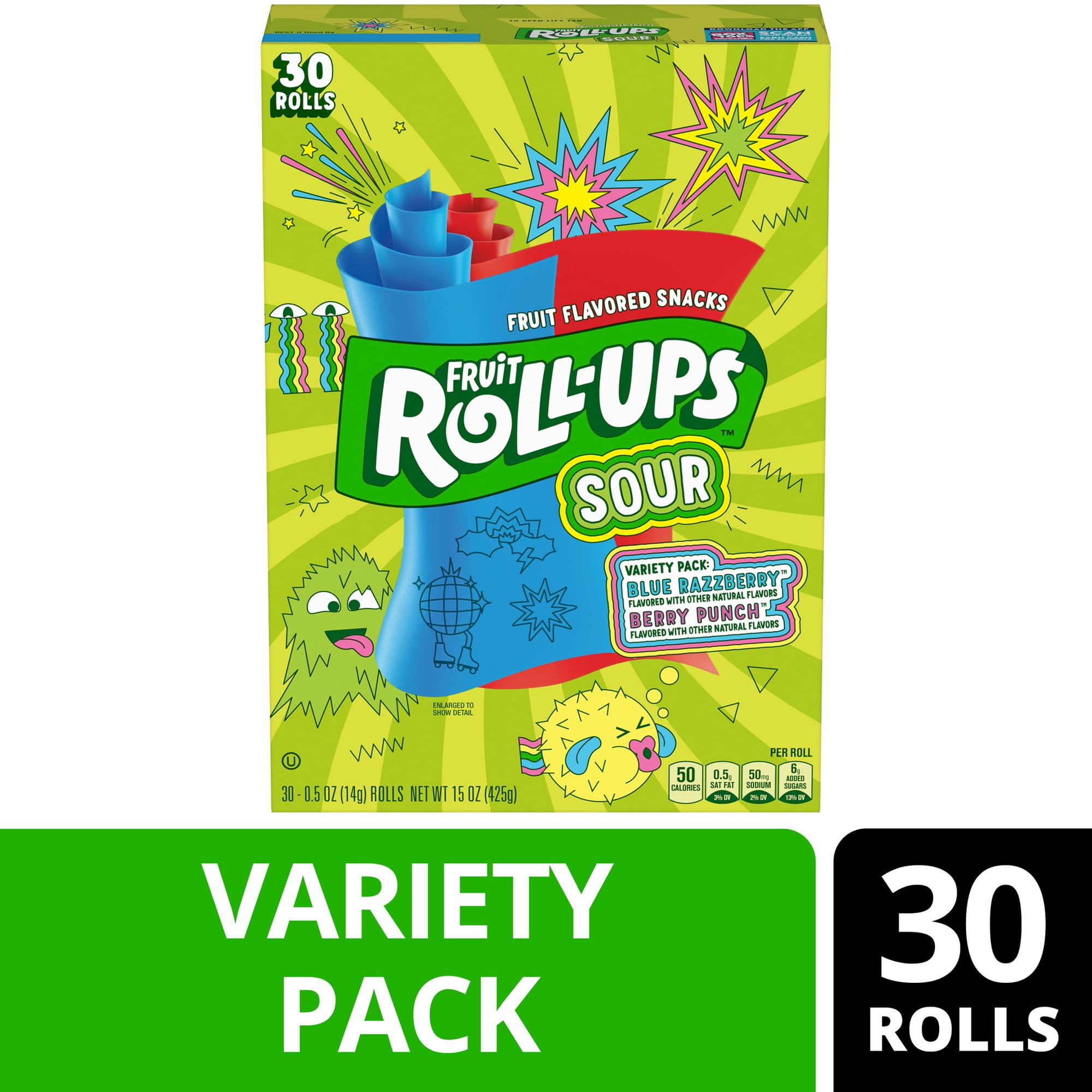 Fruit Roll-Ups Sour Gluten Free Fruit Flavored Snacks, Blue Razzberry, Berry Punch (30 Count)