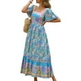 thumbnail image 2 of Women'S 2025 Summer Short Sleeves Boho Floral Print Tiered Casual Flowy Long Maxi Dress Blue S, 2 of 9