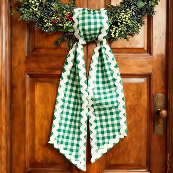 Wreath Sash for Front Door, Plaid Ribbon for Seasonal Porch Decor, 54" Blue Wreath Decoration