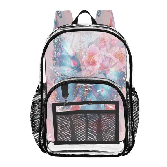Clear PVC Backpack 12L Transparent Shoulder Bag with Mesh Pockets Bright Blue Butterfly